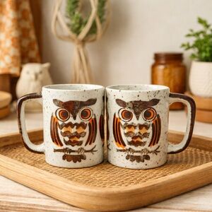 Vintage 1970s Owl Mug Pair Japan Stoneware Cozy Woodland Kitchen